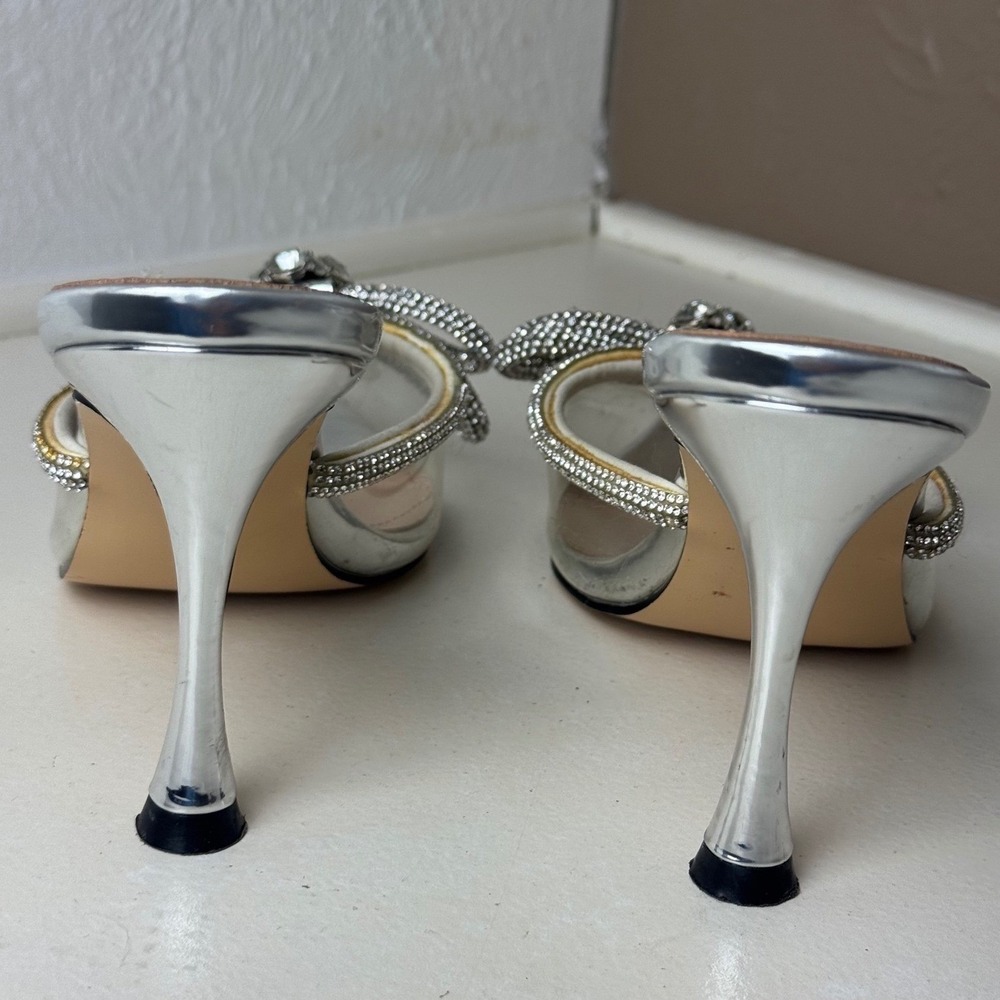Silver Metallic Clear PVC Crystal Bow Pointed Toe Heels Black Tie Wedding Prom - Picture 6 of 7